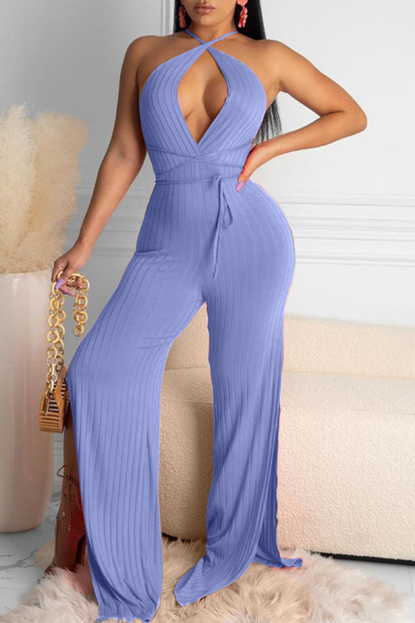 Purple Sexy Casual Solid Backless Slit Halter Regular Jumpsuits