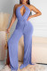 Purple Sexy Casual Solid Backless Slit Halter Regular Jumpsuits