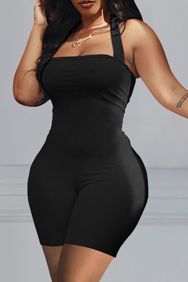 Black Sexy Solid Patchwork Cold Shoulder Skinny Rompers