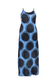 Blue Sexy Casual Plus Size Dot Print Basic Spaghetti Strap Long Dress