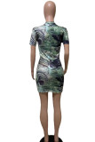 Green Sexy Print Patchwork O Neck Pencil Skirt Dresses