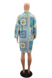 Blue Fashion Casual Print Basic Turndown Collar Shirt Dress