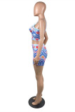 Blue Sexy Casual Print Backless Spaghetti Strap Sleeveless Two Pieces