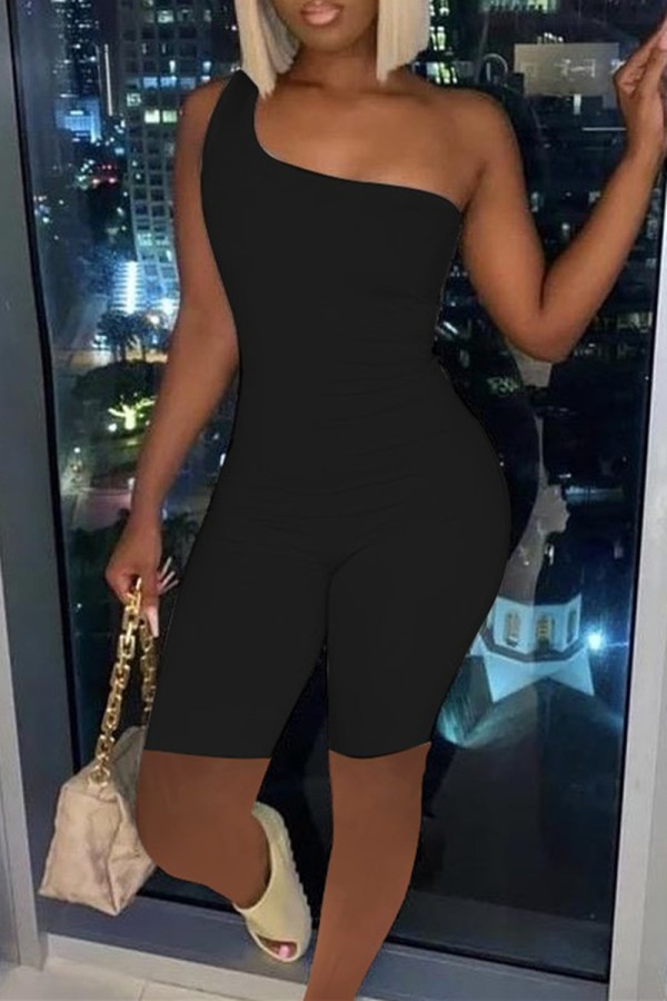 Black Sexy Casual Solid Backless One Shoulder Skinny Romper