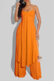 Tangerine Red Casual Solid Patchwork Spaghetti Strap Sleeveless Two Pieces