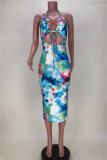 Blue Sexy Print Tie Dye Backless Strap Design Halter Sleeveless Dress