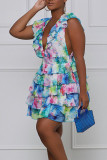 Multicolor Sweet Print Patchwork Flounce V Neck A Line Dresses