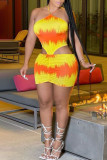Yellow Sexy Print Hollowed Out Patchwork Halter Pencil Skirt Dresses
