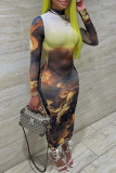 Brown Fashion Sexy Print See-through O Neck Long Sleeve Dresses
