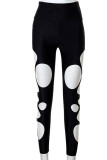 Black Sexy Solid Hollowed Out Patchwork Skinny High Waist Pencil Solid Color Bottoms