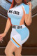 Baby Blue Casual Sportswear Letter Print Patchwork O Neck Short Sleeve Two Pieces