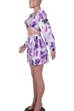 Purple Sexy Print Bandage Patchwork V Neck Long Sleeve Two Pieces