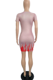 Pink Casual Print Letter O Neck Pencil Skirt Dresses