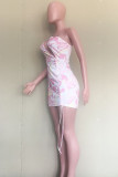 Pink Sexy Print Hollowed Out Backless One Shoulder Sleeveless Dress