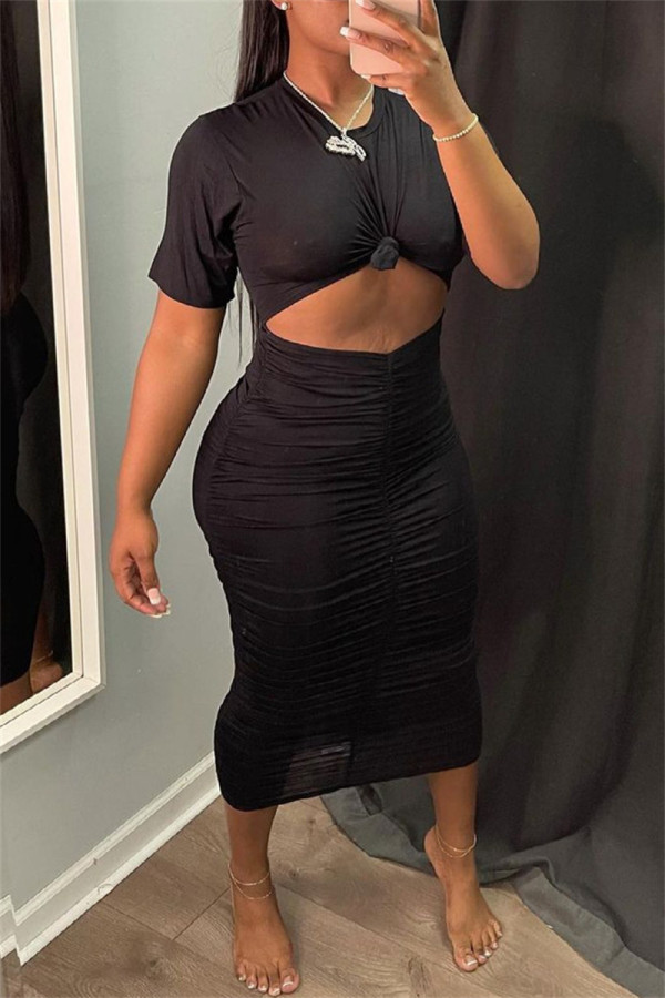 Black Fashion Casual Solid Fold O Neck Short Sleeve Two Pieces