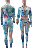 Blue Sexy Print Patchwork Turndown Collar Long Sleeve Two Pieces