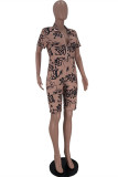 Pink Fashion Casual Print Basic Zipper Collar Regular Romper