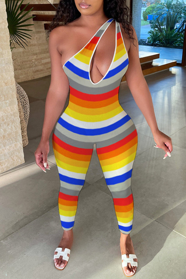 Colour Fashion Sexy Striped Print Hollowed Out One Shoulder Skinny Jumpsuits