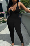Blue Sexy Solid Patchwork V Neck Skinny Jumpsuits