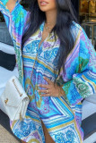 Blue Fashion Casual Print Basic Turndown Collar Shirt Dress
