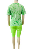 Ink Green Fashion Casual Print Basic O Neck Short Sleeve Two Pieces