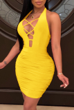 Pink Sexy Solid Hollowed Out Halter Pencil Skirt Dresses