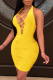 Yellow Sexy Solid Hollowed Out Halter Pencil Skirt Dresses