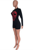 Black Fashion Sexy Print Backless Half A Turtleneck Skinny Romper