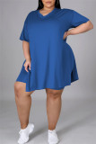 Blue Fashion Casual Solid Slit V Neck Tops Plus Size Two-piece Set