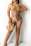 Black Sexy Solid Hollowed Out Split Joint See-through O Neck Straight Jumpsuits