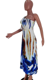 Blue Sexy Print Split Joint One Shoulder Straight Dresses