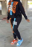 Black Casual Print Patchwork Hooded Collar Long Sleeve Two Pieces