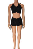 Pink Casual Solid Patchwork Fold Spaghetti Strap Sleeveless Two Pieces