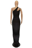 Black Sexy Casual Solid Hollowed Out Fold One Shoulder Sleeveless Dress