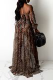 Snake Print Sexy Animal Print Draw String Off the Shoulder Long Sleeve Two Pieces