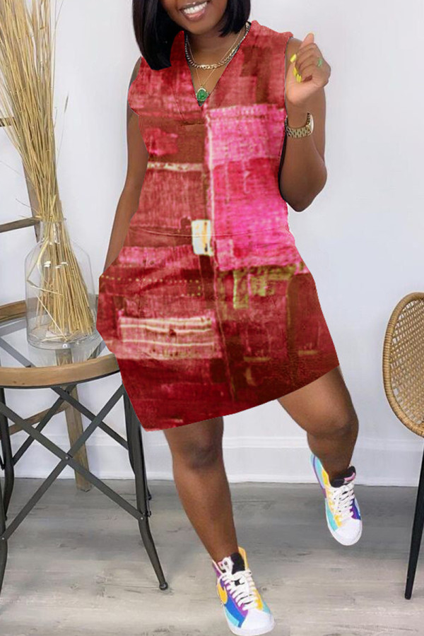 Red Fashion Casual Print Basic V Neck Vest Dress