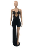 Rose Red Fashion Sexy Solid Hollowed Out Backless Spaghetti Strap Irregular Regular Jumpsuits