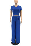 Blue Casual Solid Patchwork O Neck Short Sleeve Two Pieces