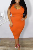 Tangerine Red Casual Solid Split Joint O Neck Pencil Skirt Plus Size Two Pieces