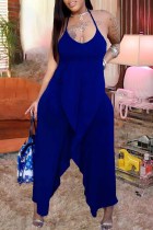 Blue Fashion Sexy Solid Split Joint Backless Spaghetti Strap Regular Jumpsuits
