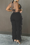 Black Fashion Sexy Solid Tassel Backless Halter Sleeveless Two Pieces