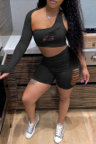 Pink Sexy Solid Patchwork One Shoulder Long Sleeve Two Pieces