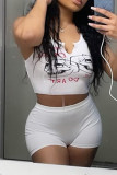 White Fashion Casual Print Vests U Neck Sleeveless Two Pieces