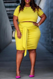 Yellow Fashion Sexy Solid Basic O Neck Plus Size Two Pieces
