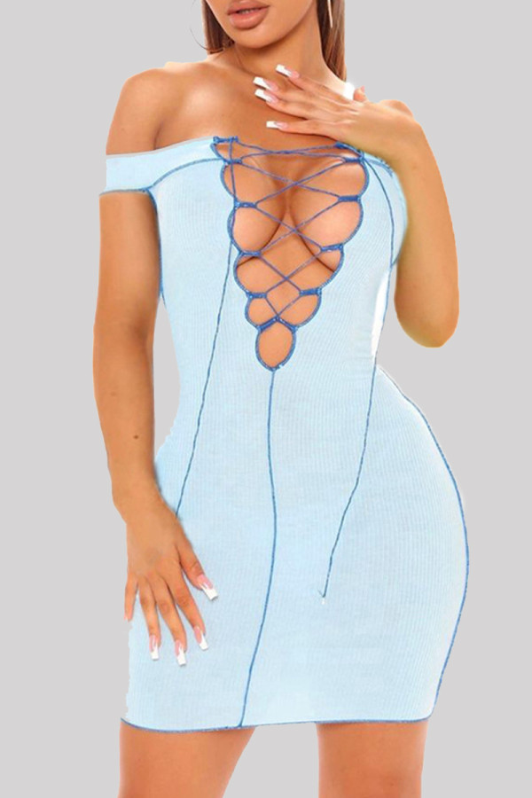 Sky Blue Sexy Solid Hollowed Out Backless Off the Shoulder Short Sleeve Dress