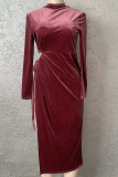 Red Sexy Solid Slit Half A Turtleneck Irregular Dress Plus Size Dresses