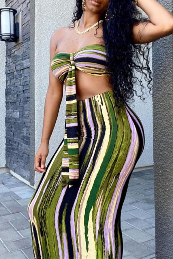 Green Sexy Striped Print Bandage Patchwork Strapless Sleeveless Two Pieces