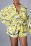 Yellow Casual Print Patchwork V Neck Loose Rompers