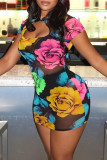 Multicolor Fashion Sexy Print Hollowed Out See-through O Neck Short Sleeve Dress