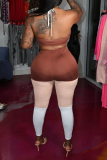 Coffee Sexy Solid Patchwork Halter Sleeveless Two Pieces